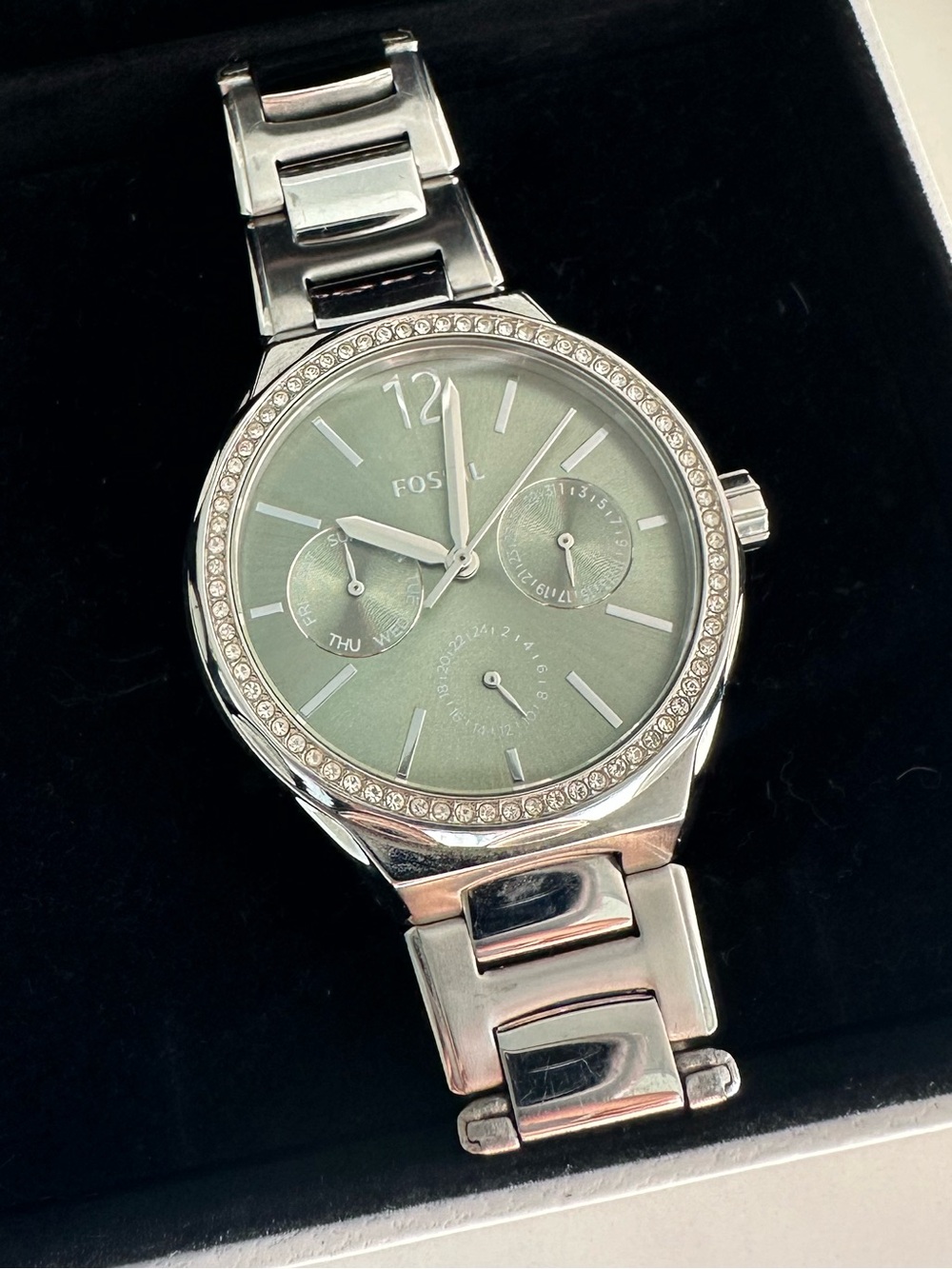 Fossil BQ3784 Women’s Stainless Steel Watch Green Dial Crystal Bezel 18mm